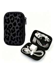 Black Leopard Print EVA Hard Shell 4.3-Inch Compact Storage Box - Travel Protective Storage Bag, Suitable For Electronic Accessories, Earphones, Hard Drives And Data Cables; Anti-Drop Zipper Bag (Storage Box Only) - Multicolor - View 1