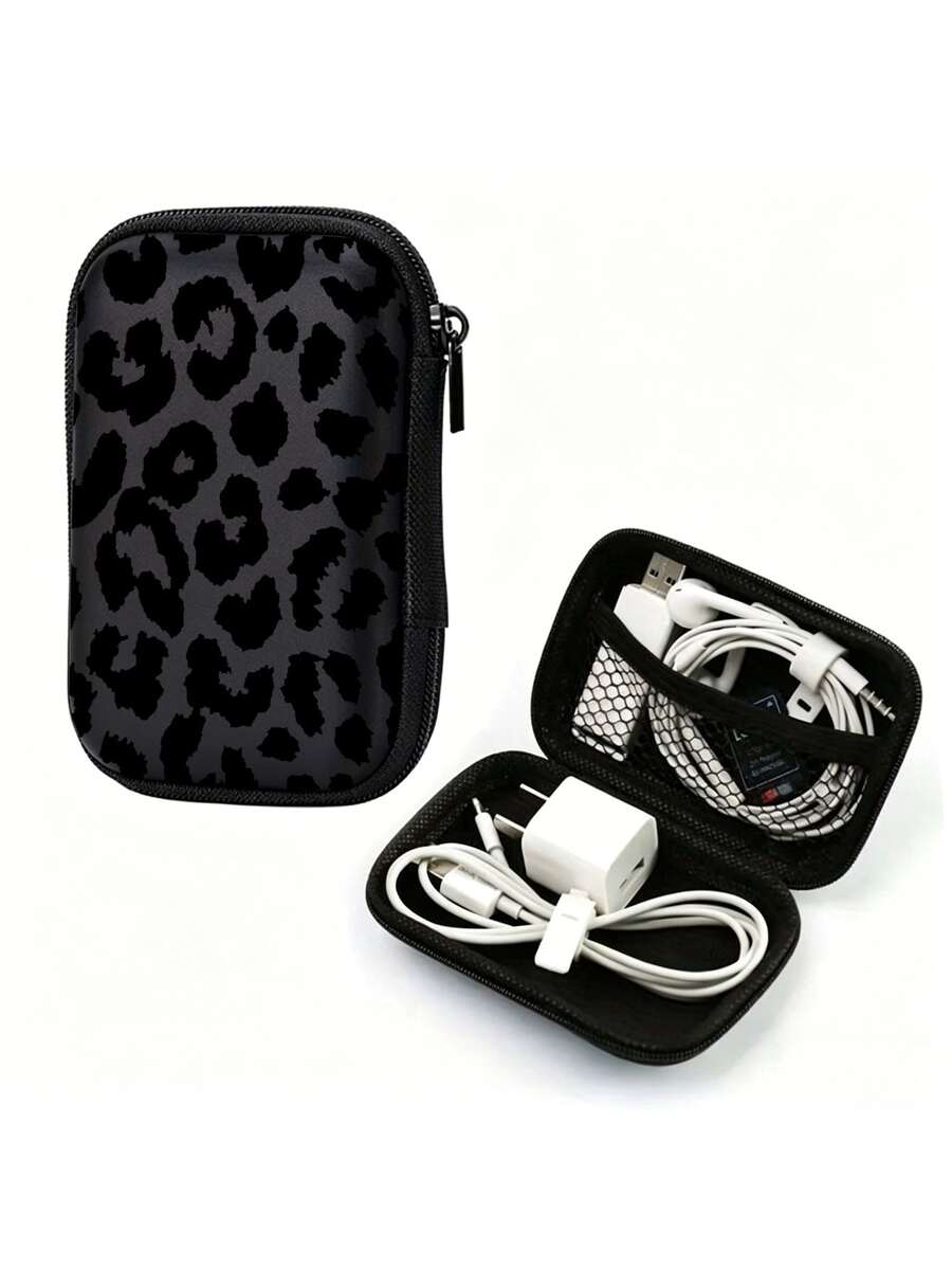 Black Leopard Print EVA Hard Shell 4.3-Inch Compact Storage Box - Travel Protective Storage Bag, Suitable For Electronic Accessories, Earphones, Hard Drives And Data Cables; Anti-Drop Zipper Bag (Storage Box Only) - Multicolor - View 1