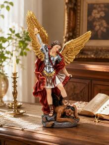 St. Michael Decorative Statue, Hand-Painted Guardian Angel Sculpture With Sword, Golden Wings And Red Cloak, Christian Religious Home Decor, Suitable For Living Room, Bookshelf, Entryway, Prayer Corner, Housewarming Gift - 1PC - View 1