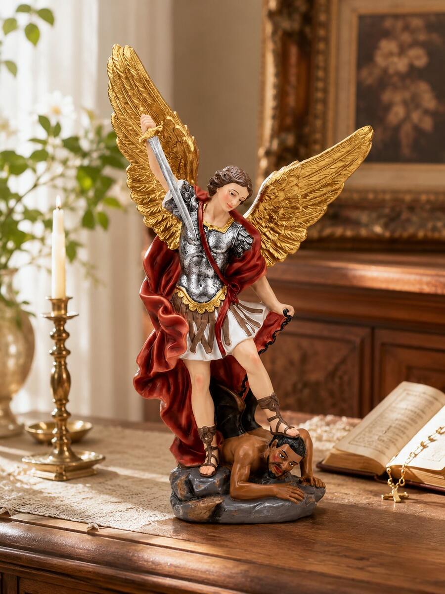 St. Michael Decorative Statue, Hand-Painted Guardian Angel Sculpture With Sword, Golden Wings And Red Cloak, Christian Religious Home Decor, Suitable For Living Room, Bookshelf, Entryway, Prayer Corner, Housewarming Gift - 1PC - View 1