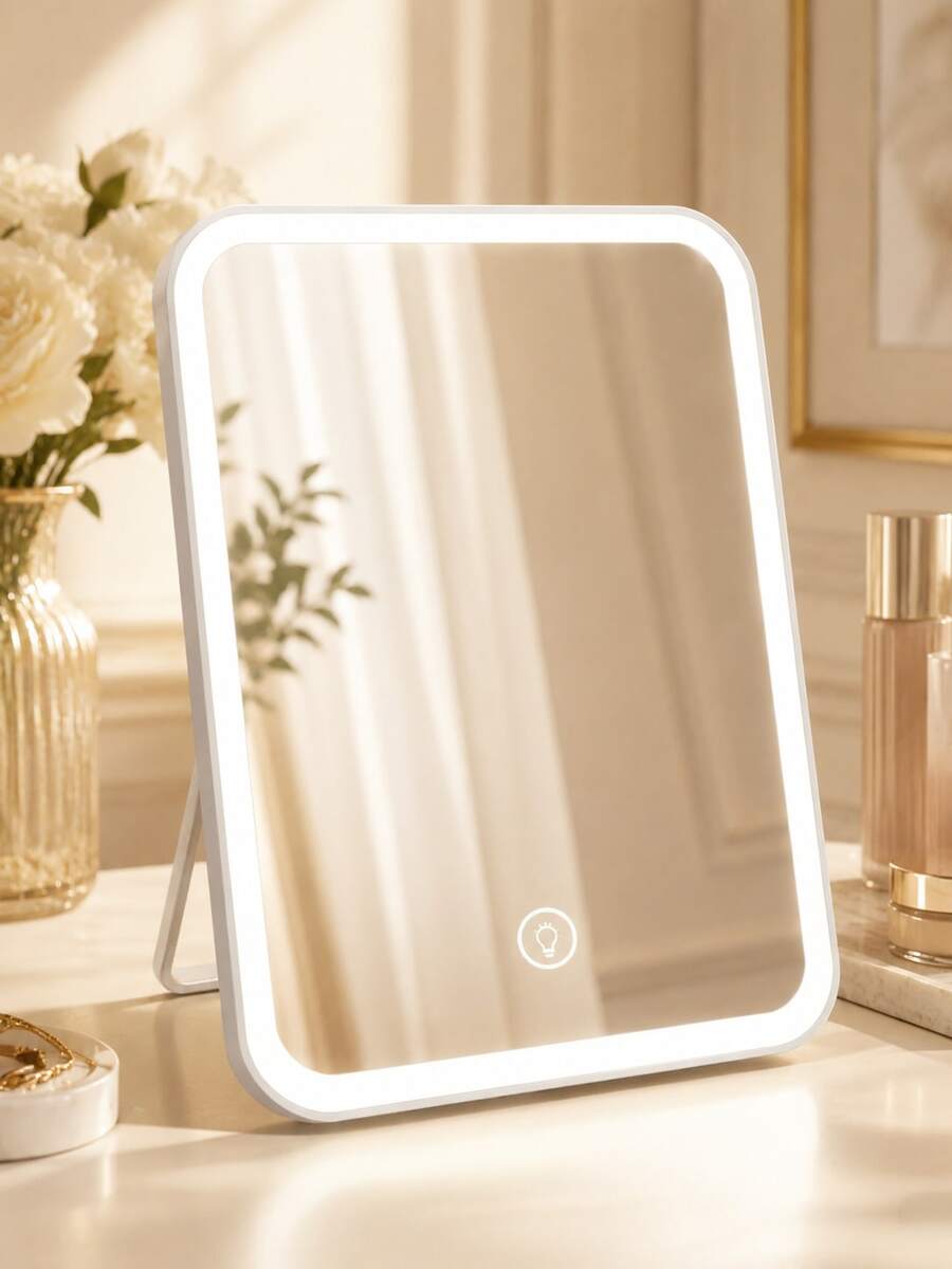 EOLOVA Espejo de maquillaje LED, espejo grande, iluminación de 3 colores, control táctil, espejo de maquillaje de viaje, herramienta de maquillaje, espejo de maquillaje LED portátil recargable, batería de 600mAh de larga duración, adecuado para dormitorio de estudiante, hogar, uso diario en el dormitorio