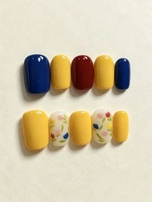 10 Peças Unhas Postiças Feitas à Mão, Unhas Falsas Curtas em Formato de Caixão com Cores Primárias Brilhantes Sólidas Azul Amarelo Vermelho, Design de Flor Floral Pequena Pintada à Mão, Unhas Artificiais Brilhantes, Unhas Falsas Reutilizáveis com Cola para Uso Diário de Mulheres Decoração de Manicure - Multicolorido - Visão 2