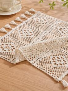 Bubaba 1pc Beige Crochet Placemat, Bohemian Minimalist Handmade Hollow Crochet Beige Tassel Home Decor Coaster, Suitable For Wedding, Daily Dining Table, Furniture, Home Appliances Dust Cover, Party, Kitchen, Round Tablecloth, All Seasons - Beige - View 5