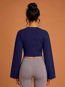 Never me Women's Navy Blue Round Neck Wide Flare Long Sleeve Cropped Top With Side Ruched Waist, Fitness Base Layer - Navy Blue - View 2