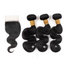 BingShang Body Wave 3 Bundles With Closure Brazilian 12A Unprocessed Virgin Human Hair 4x4 Free Part Closure Body Wavy Human Hair Bundles With Closure Natural Color Free Part HD Lace Transparent - 1B - View 37