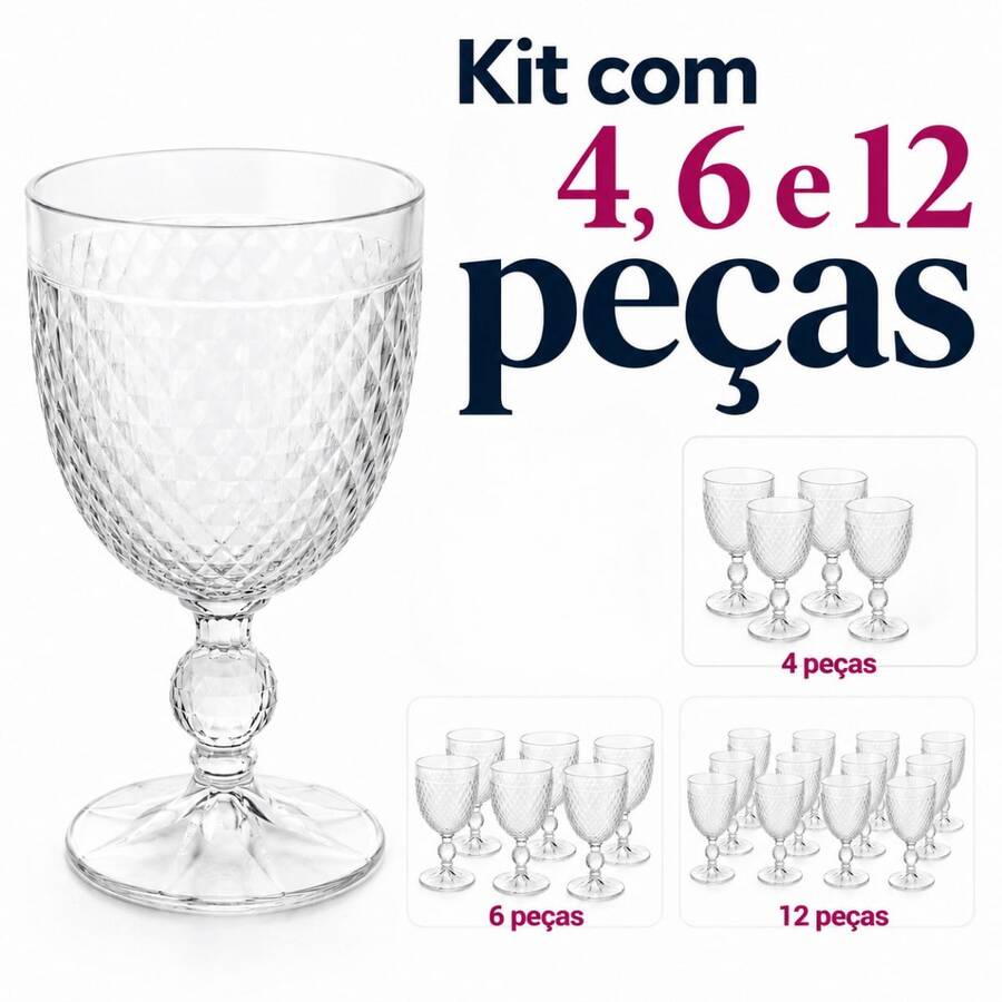 Jogo Taças Facetadas Polietileno Transparente 400ml Kit 4 6 12 Peças Resistente Elegante Aparência Cristal Não Quebra Suco Agua Festa - Incolor - Visão 1