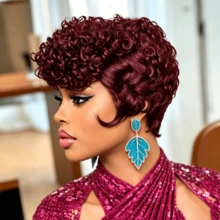 Wig Rambut Manusia Pendek Keriting Buatan Mesin Sepenuhnya, Wig Bob Potongan Pixie Hitam Alami untuk Wanita, Rambut Manusia Lembut Keriting Pendek untuk Penggunaan Sehari-hari - MultiWarna - View 8