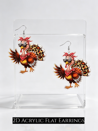 2D Flat Leopard Print Cute Turkey Dangle Earrings For Women, Acrylic Autumn Thanksgiving Earrings, Harvest Festival Fun Jewelry Gift
