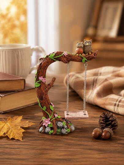 1pc Cute Owl Couple Tree Branch Swing Resin Figurine, Woodland Desktop Ornament For Living Room, Bedroom, Office Desk, Bookshelf And Tabletop Home Decor