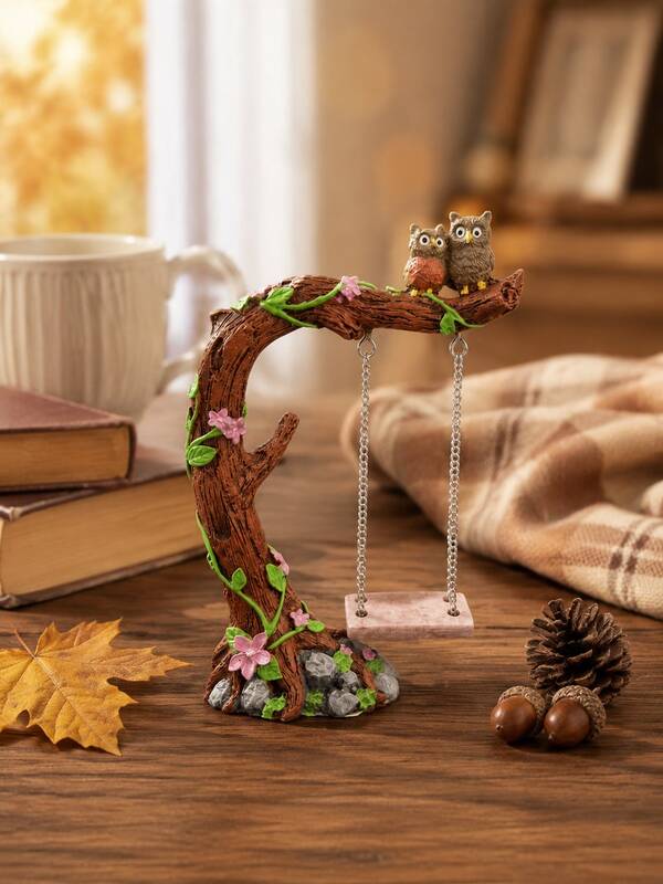 1 pieza Figura de resina de pareja de búhos lindos en columpio de rama de árbol, adorno de escritorio de bosque para sala de estar, dormitorio, escritorio de oficina, estantería y decoración de mesa del hogar