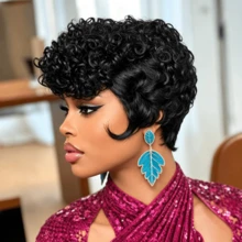 Wig Rambut Manusia Pendek Keriting Buatan Mesin Sepenuhnya, Wig Bob Potongan Pixie Hitam Alami untuk Wanita, Rambut Manusia Lembut Keriting Pendek untuk Penggunaan Sehari-hari - MultiWarna - View 7