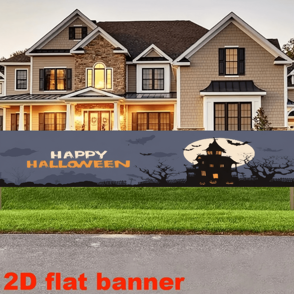 2D Plane - 1 Piece Of 2D Halloween-Themed Banner Background For Flags, The Design Includes A Moonlit Haunted House, Bats, Withered Trees, And The Words "Happy Halloween", No Power Supply Required