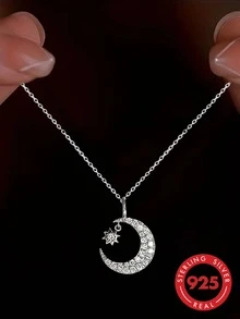 1pc S925 Sterling Silver Luxury Cool-Tone Full Rhinestone Crescent Moon & 8-Point Star Pendant Necklace, Dreamy Romantic Elegant Niche Exquisite Personalized Neck Accessory For Women, Suitable For Date, Vacation Or Daily Wear, Holiday Fashion Gift - Stars and Moon - View 10