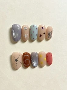 10Pcs Handmade Press On Nails Short Oval, Multicolor False Nails With Star Print, Polka Dot & Swirl Accents, Reusable Glossy Fake Nails For Women - Multicolor - View 2