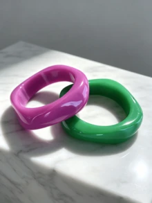 2pcs Exaggerated Asymmetric Square & Round Geometric Acrylic Resin Texture Women's Bracelets, Fuchsia & Green Square & Round Geometric Resin Bracelets, Minimalist Design, Suitable For Daily Casual, Party, Vacation Wear, Bohemian Style Fashion Accessories, Can Be Layered, Perfect Gift For Partner And Family - Multicolor - View 5
