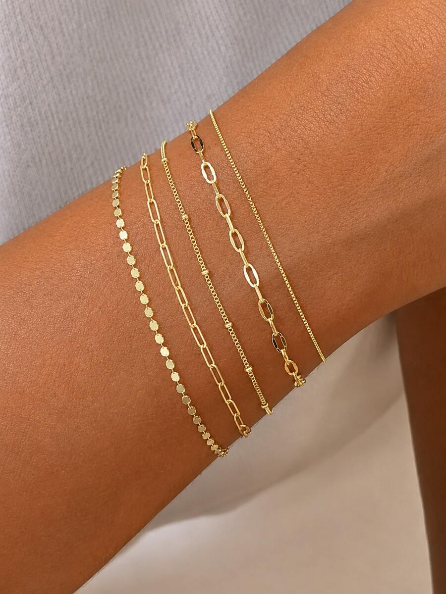 5pcs Elegant Adjustable Gold Tone Bracelets, Minimalist Style, Suitable For Women (Bead Quantity On Chain Is Random, But Length Is Fixed) - Gold 5-pack - View 1