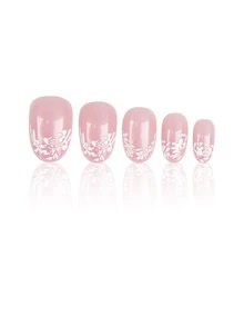 24Pcs Short Oval Press On Nails Set, 3D Embossed White French Flower Pattern Fake Nails, Fresh Minimalist Pastoral Style Nails With Pearlescent Effect, Add Elegance And Softness To Your Look, Perfect For Summer Daily Wear - 白色 - 查看 3