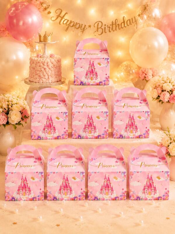 1/8/16pcs Pink Princess Party Favor Boxes, Castle Theme, Cute Candy Gift Boxes, Suitable For Girls Birthday Party, Princess Theme Decoration, Children Party Supplies, Baby Shower Gift Boxes