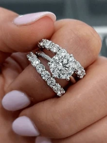 rundraw 3pcs Women's Ring Set Silver Copper Inlaid Large CZ Cubic Zirconia Glamorous Stackable Rings, Wedding Party Ball Outfit - Silver - View 3