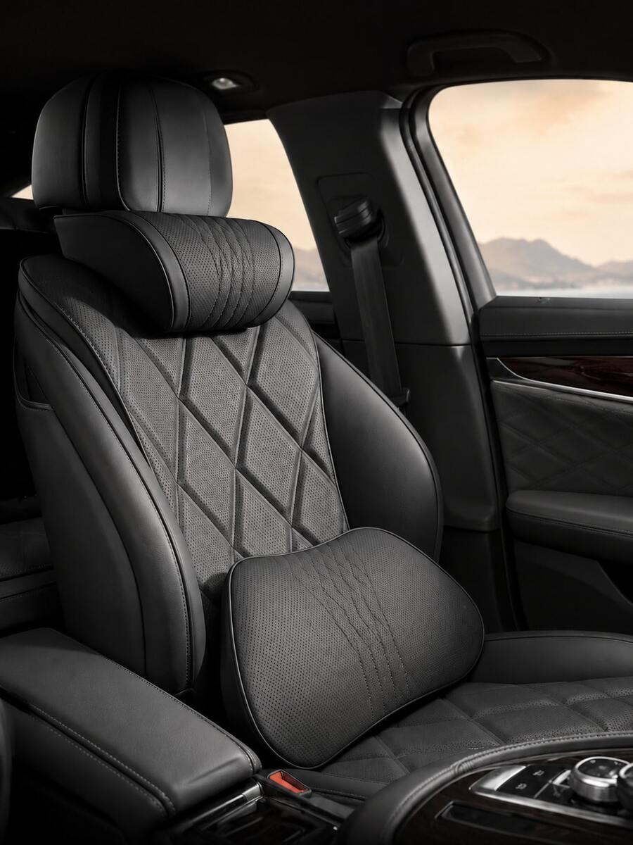 Luxury Nappa Leather Car Neck Pillow And Seat Cushion, Breathable Car Headrest Lumbar Support Pad, Exquisite Embroidered Design, Memory Foam Ergonomic Support, With Breathable Perforated Design, All-Season Car Interior Decor Accessories