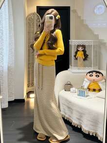 Y6Y 2026 Korean Style Gorgeous Yellow Women's Early Autumn Unique Bright Color Striped Knit Top - Yellow - View 3