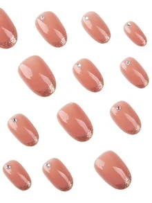 24Pcs Medium Oval Press On Nails Set, Classic Gold Glitter French Tips, Simple Solid Nude Glossy False Nails With Sparkling Rhinestone Decorations, Elegant Versatile Wearable Nails For Daily Wear & Commute - Follow Your Heart - 查看 2