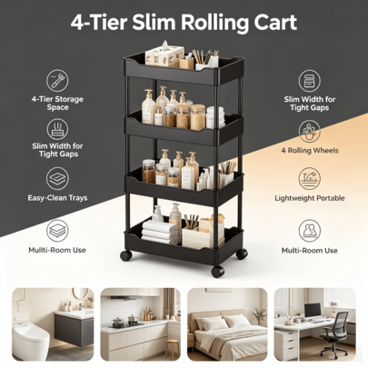 3 & 4 Tier Slim Rolling Storage Cart, Mobile Utility Organizer Cart With Wheels, Multi Purpose Bathroom Kitchen Bedroom Makeup Snack Coffee Storage Shelving Unit