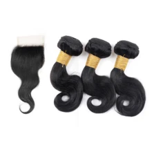 BingShang Body Wave 3 Bundles With Closure Brazilian 12A Unprocessed Virgin Human Hair 4x4 Free Part Closure Body Wavy Human Hair Bundles With Closure Natural Color Free Part HD Lace Transparent - 1B - View 28