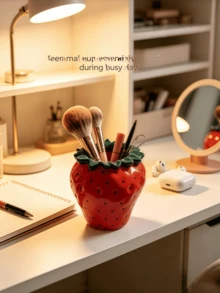 1pc Strawberry Shaped Multifunctional Desktop Storage Box, Cute Multi-Scene Storage Cup, Makeup Brush Holder, Pen Holder And Mini Vase, Suitable For Vanity, Bedroom, Office Desk, Japanese Cute Style Desktop Decor, Home Decoration Girl Gift - Multicolor - View 4