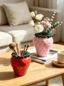 1pc Cute Strawberry Shaped Multi-Functional Storage Box, Red And Pink Available, Makeup Brush Holder, Decorative Vase, Desktop Pen Holder, Vanity Decor, Bedroom Desktop Storage, Dorm Essentials, Aesthetic Home Decor, Gift For Girls - Multicolor - View 2