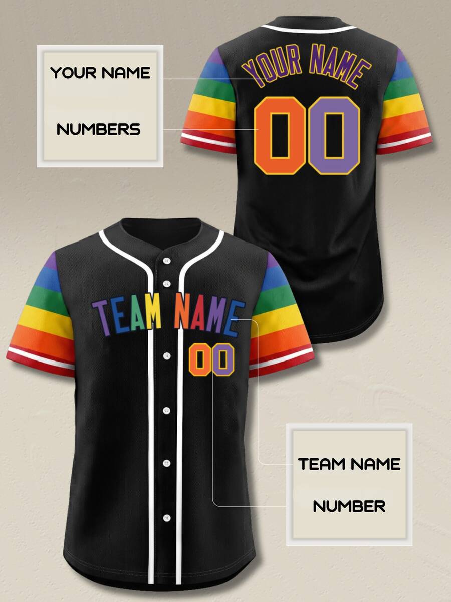 Jersey Baseball Pelangi Kustom dengan Nama dan Nomor yang Dipersonalisasi, Lengan Bergaris Warna-warni, Kancing Hitam, Kemeja untuk Hari Pertandingan, Pakaian Olahraga Aktif.