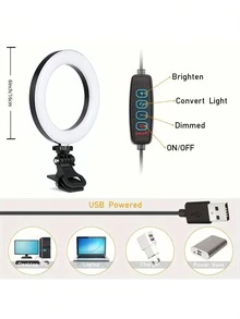 可調光 LED 環形燈附夾子，3 種色溫模式（暖光/冷光/自然光），USB 供電，適用於筆記型電腦、螢幕、視訊會議、自拍、Vlog、化妝、直播及其他室內照明，塑膠燈罩 - 黑色 - 查看 2