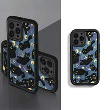 Blue Starry Sky Full Print Black Cat Moon & Stars Phone Case, Black Frame Healing Cartoon Cat Full Coverage Lens Protection Anti-Drop TPU Soft Shell, Compatible With Apple & Android Models, Shockproof & Comfortable Grip, Perfect For Daily Use, Great Gift For Couples & Women, Perfect Birthday Gift For Partner, Fashionable Creative New Design - Black - View 1