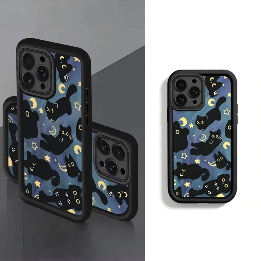 Blue Starry Sky Full Print Black Cat Moon & Stars Phone Case, Black Frame Healing Cartoon Cat Full Coverage Lens Protection Anti-Drop TPU Soft Shell, Compatible With Apple & Android Models, Shockproof & Comfortable Grip, Perfect For Daily Use, Great Gift For Couples & Women, Perfect Birthday Gift For Partner, Fashionable Creative New Design - Black - View 1