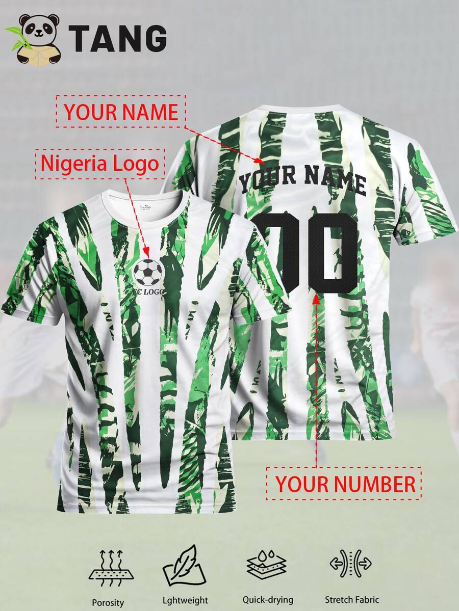 Camiseta de fútbol estilo Nigeria para hombre & Nombre y número personalizables & Cuello redondo suave y ligero top deportivo & Entrenamiento, casual, regalo & Copa del Mundo verano