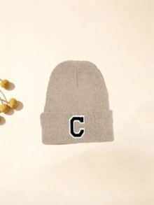 1 Pc Neutral Beige Unisex A-Z Letter Knit Beanie, Stretch Fit Custom Thermal Skull Ribbed Cuffed Cap Fit KidsTo Teenagers Daily Outdoor - Beige - View 8