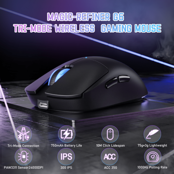 ATTACK SHARK MAGIC-REFINER G6 Wireless Gaming Mouse,24000 DPI Adjustable,72g Lightweight Mouse,1000Hz Polling Rate,Tir-Mode BT/2.4G/ Wired Gaming Mouse,750mAh Battery,With Grip Tape For Gamer/Office/PC/Mac,Black/ White