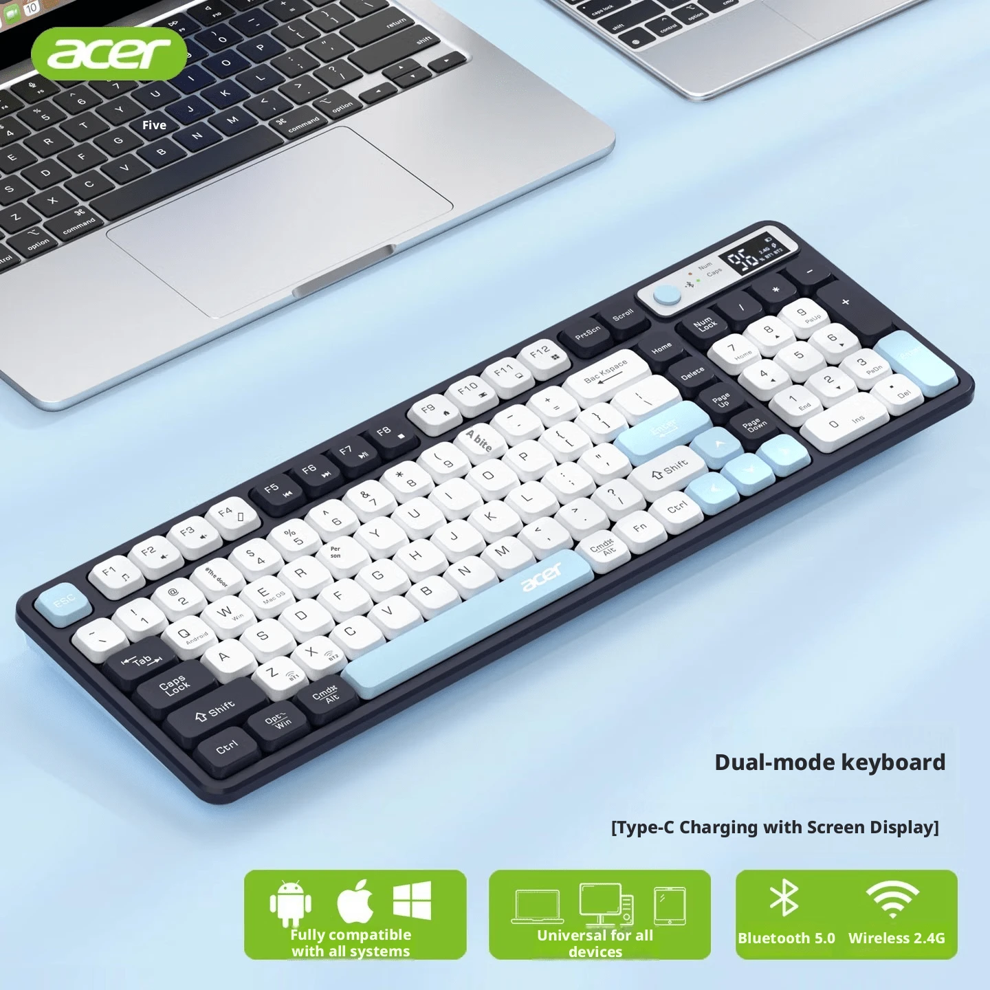 Acer Tablet Keyboard Wireless Bluetooth Dual-Mode Keyboard And Mouse Set Rechargeable Laptop Desktop Computer Office Gaming Mechanical Feel Keyboard IPad Android MAC Phone Tablet Universal - Charging Version - With Display Screen [Single Keyboard] - View 1