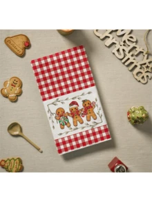 2 Stücke rote karierte Weihnachtsküchentücher, süße Lebkuchenmann Zuckerstange bedruckte Geschirrtücher, Landhausstil Weihnachts-Küchendekoration Geschenk - Rot-Weiß - Übersicht 3