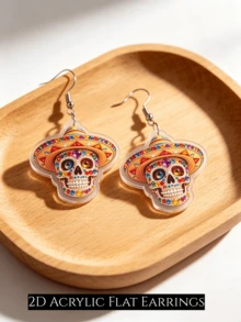 2D Flat Gothic Skull Dangle Earrings For Women, No Rhinestones, Acrylic Mexican Day Of The Dead Calavera Ear Pendants, Halloween, Festival Fun Jewelry Gift - A - View 12