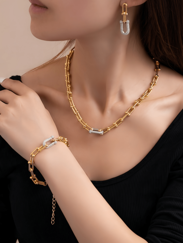 Fashionable Exquisite Luxury Cubic Zirconia Paperclip U-Clasp Gold & Silver Contrast Color Jewelry Set, Collarbone Necklace + Bracelet + Earrings, Elegant Women's Party Banquet Jewelry