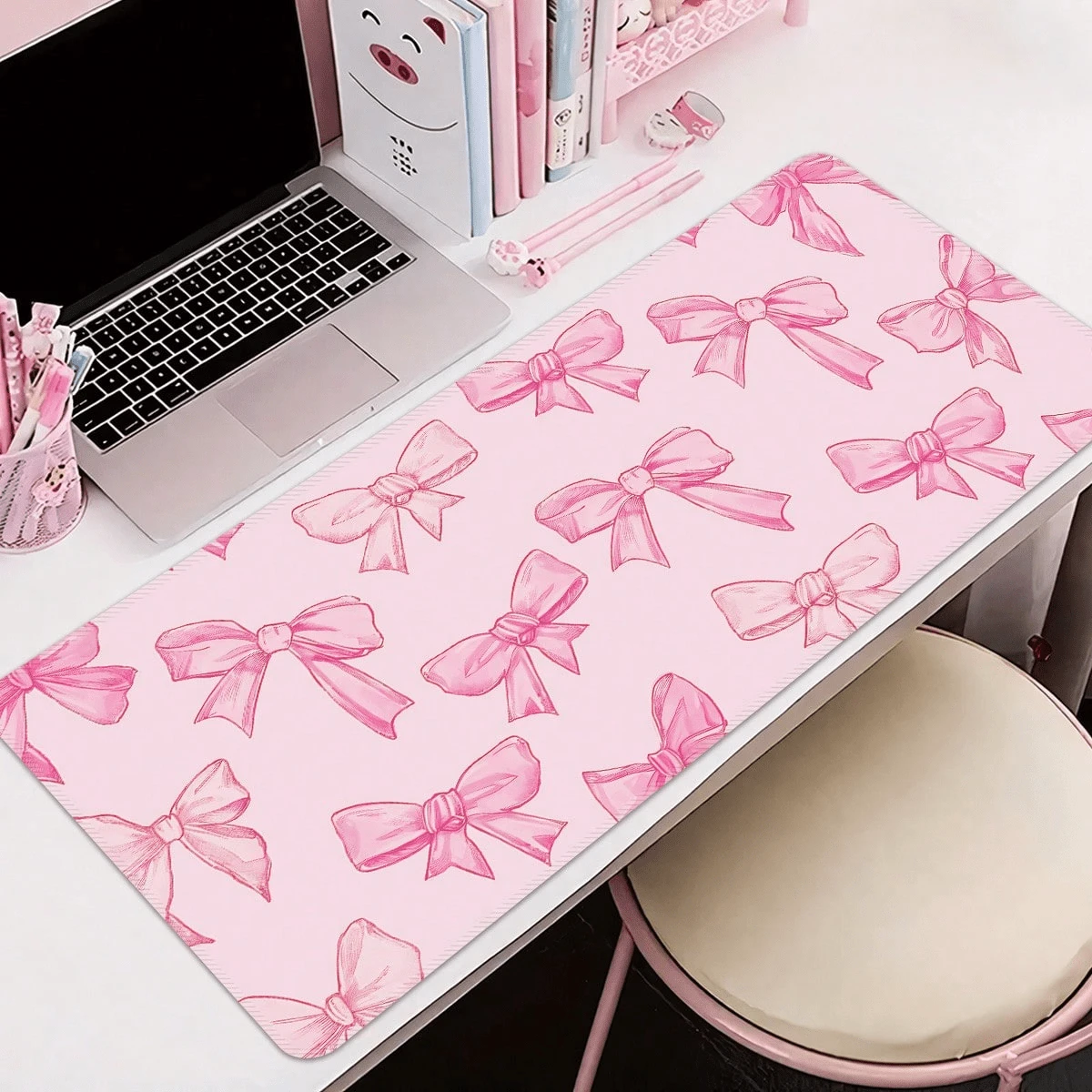 Pink Bowknot Desk Pad Mouse Pad Large Cute Girly Style Laptop & Gaming Keyboard Mouse Pad Non-Slip Stitched Edge Desktop Mat Office Desk Accessory Aesthetic Office & School Desk Decor 31.5 * 15.7 Inches