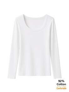 Women's Long Sleeve T-Shirt, White Large U-Neck Top, Versatile Autumn/Winter Slimming Solid Color Inner Layer Base Shirt Casual - White - View 5