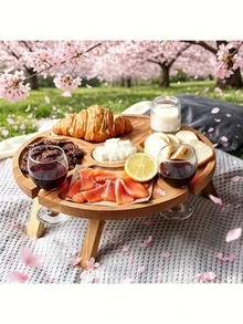 1pc Multi-Functional Round Solid Wood Folding Tray, Perfect For Outdoor Activities, Picnic, Camping, Beach BBQ And Party - Includes Snack Table, Lightweight And Portable, Ideal For Holiday Christmas Party Outdoor - Multicolor - View 3