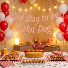 Gingham BBQ Party Banner Garland, "Bad Day To Be A Hot Dog" Checkered Letter Bunting With Cartoon Hot Dog Cutouts, Summer Picnic Backyard Barbecue Hanging Wall Decor,Holiday Atmosphere Props,Party Props, Party Favors,Celebration Props(Red White) - A - View 4