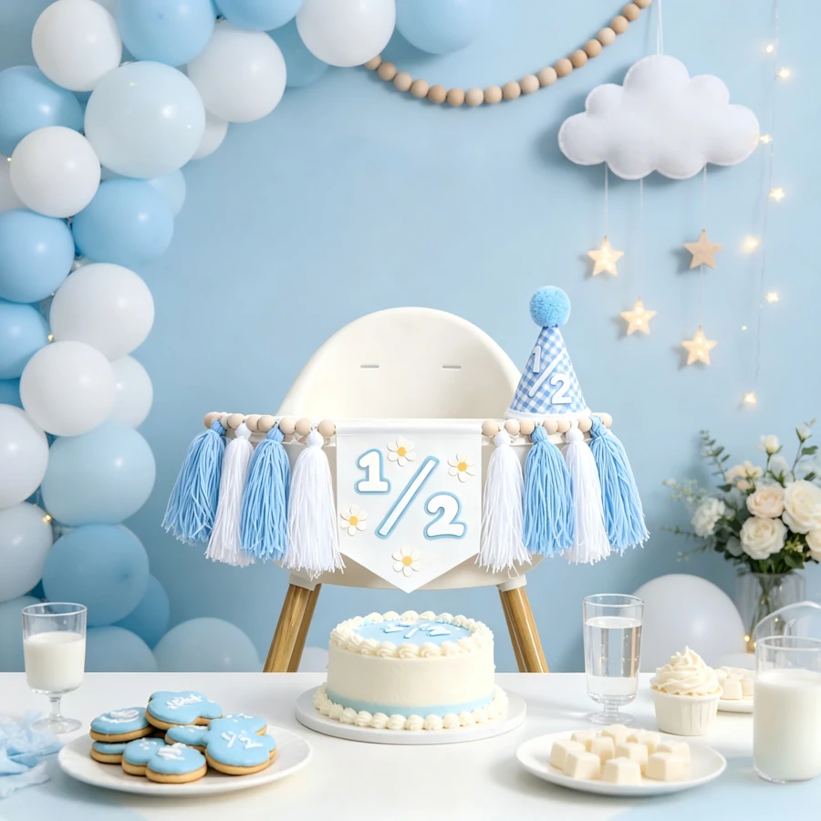 1 Set 1/2 Birthday Plaid Hat Daisy High Chair Banner Set, Suitable For 6 Months Old Boy/Girl Birthday Decoration, Sweet Cake Smash Photo Props (Blue/Pink) - Multicolor - View 1