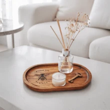 1/2/3pcs Bee Inspired Acacia Wood Tray - Sink Tray, Perfume Tray, Decorative Tray, Elegant Rectangular/Oval Design, Carved Bee And "Happy Bee Day" Text, Perfect For Bathroom, Countertop, Entryway, Living Room Decor & Storage | Multi-Functional Kitchen And Bathroom Decor, Bathroom Accessories, Home Decor, Halloween - Brown - View 3