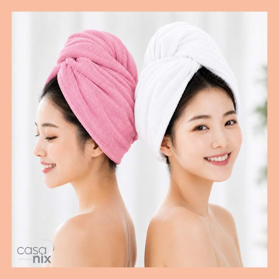 Kit 2 Toucas Pós Banho Em Microfibra Jolitex Seca 8x Mais que Toalha Comum AntiFrizz Evita Quebra Prática Branca ou Rosa - Branco e Rosa - Visão 1