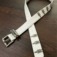 1件 Y2K 龐克風金屬方扣藤蔓雕花鉚釘聖劍白色 PU 皮革時尚腰帶，可搭配牛仔褲、衛衣、破洞牛仔褲，適合日常穿著、時尚風格、戶外活動、街頭、聚會、派對、秋季、秋季穿搭、萬聖節、秋冬配件、聖誕節、情人節、開學季、萬聖節、度假、畢業禮物、生日 - 白色聖劍滾輪 - 查看 1