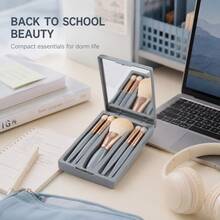 6pcs Mini Makeup Brush Set With Mirror Storage Box, 5 Soft Face And Eye Brushes, Nude/Blue Portable Travel Makeup Kit, Suitable For Back To School, Dorm, Daily Touch-Ups And Outdoor Use, Ideal Gift For Global Holidays - A - View 8